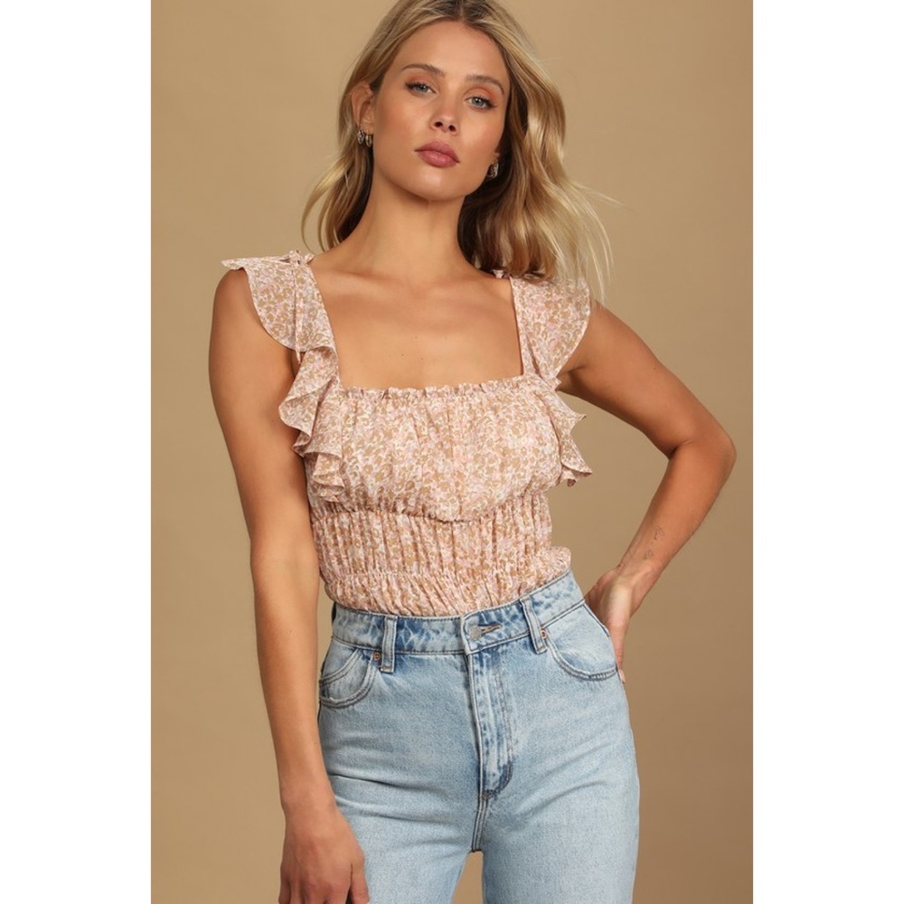 Lulu's Sweetest Frills Tie-Strap Smocked Bodysuit NWT